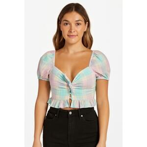 NWOT Abound Women Pink Teal Plaid Adley FrontTie Short Sleeve Crop Blouse Small